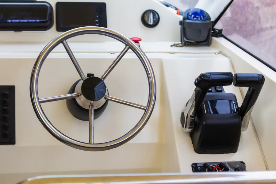 Stainless steel boat steering wheel and throttle controls
